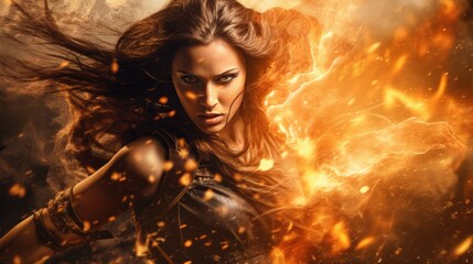 collage photo of strong warrior woman fighting with fire around her, intense and dramatic shot - obrazy, fototapety, plakaty