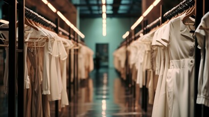 A hanging clothes rack in the corridor in backstage of fashion show.