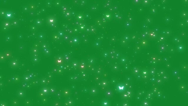 Camera Flying Through Butterfly Glowing Twinkle Star Moving On Green Screen Background, Butterfly Moving Green Screen, Animation Of Blinking Butterfly Moving On Green Screen Background, Glittering Par