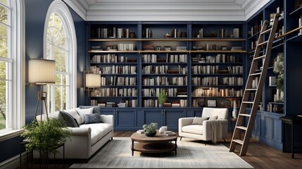 Immerse yourself in knowledge in a study with floor-to-ceiling bookshelves and a convenient ladder.