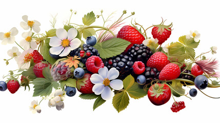 An elegant garden design element featuring a variety of blooming flowers, fresh leaves, and ripe berries, isolated against a transparent background, portraying a summer harvest