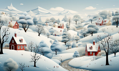 Christmas background with winter landscape of snowy village.