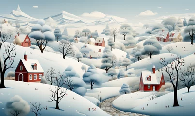 Foto auf Glas Christmas background with winter landscape of snowy village. © Andreas