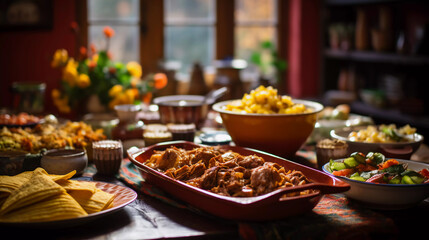 Cena navideña o de fin de año con comida mexicana y una mesa festiva lista para la celebracion de fin de año - obrazy, fototapety, plakaty