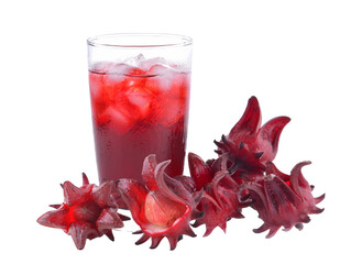 roselle flower juice in glass with ice isolated on transparent png © sommai