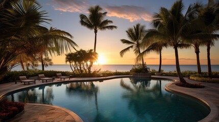Fototapeta premium Indulge in seaside luxury with a modern beachfront hotel, featuring a stunning swimming pool overlooking crystal clear waters