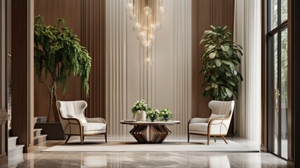 In a hall adorned with wood cladding and white marble flooring, a modern beige armchair, small wooden table, green bush planter, and tall glass chandelier create a stylish ensemble.