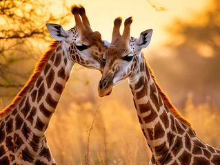 Gardinen Two giraffes leaning in close, their heads touching, in a heartwarming display of affection. © Szalai