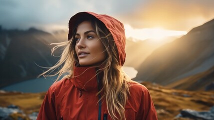 Beautiful female in a red jacket standing in front of a mountain.