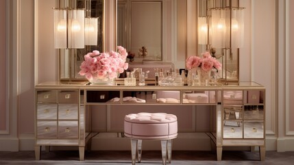 Indulge in luxury within a dressing room featuring mirrored vanity tables.