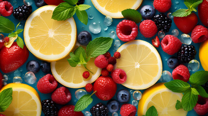 An uplifting food theme design made of ripe, juicy berries, bright lemon slices, and vibrant mint leaves, isolated over a transparent background, capturing the essence of summer freshness - obrazy, fototapety, plakaty