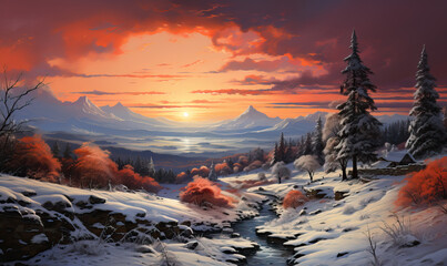 Fabulous winter landscape snow-capped mountains at sunrise. - obrazy, fototapety, plakaty