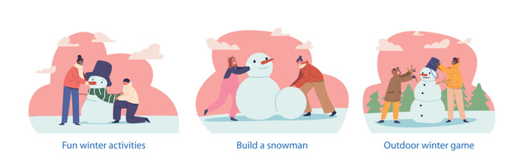 Isolated Elements With Joyful Kids Characters Crafting A Jolly Snowmen With Carrot Noses And Coal Eyes, Vector