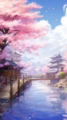 Wall murals Light Pink sakura landscape anime phone background Generative AI