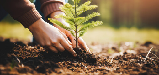 closeup of hands planting pine tree seedling in forest soil. sustainable forestry, renewable resources - obrazy, fototapety, plakaty