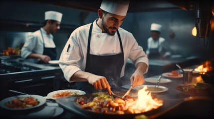 Professional chef preparing a gourmet meal in restaurant kitchen.