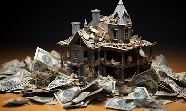 Burning banknote house on a dark background.