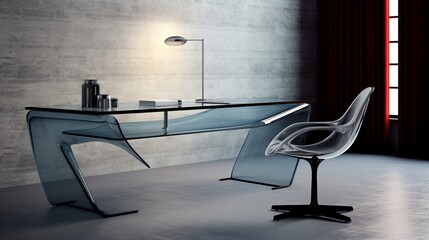 Minimalist Glass Desk and Ergonomic Chair in a Sleek Office Space.