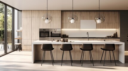 Modernize your kitchen with a waterfall edge island and chic pendant lights.