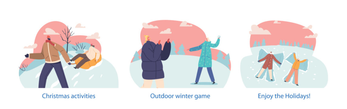 Isolated Elements with Loving Couple Characters Playing Outdoor Winter Games on Christmas Holidays, Vector Illustration