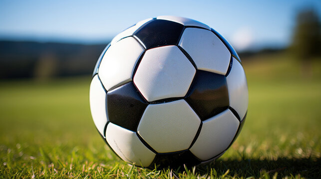 Close up shot of a black and white soccer football ball on grass.