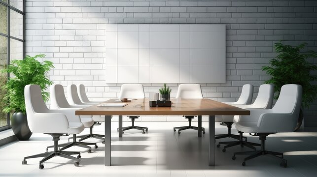 Conference room table and chairs, White screen contrasts with the black meeting room.
