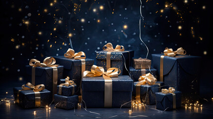 Fototapeta na wymiar Gift Boxes with Fairy Lights on Midnight Blue