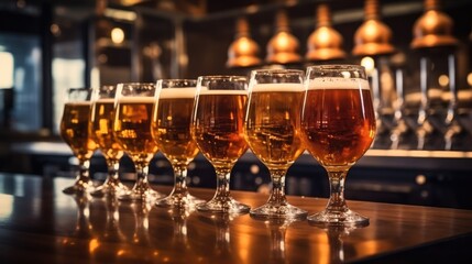 Variety of craft beer arranged in a row on counter bar in a pub.