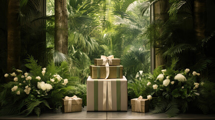 Natural-Themed Gift Boxes on an Elegant Green Podium