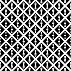 Repeated white figures and diagonal lines on black background. Ethnic wallpaper. Seamless surface pattern design with arrows ornament. Rhombuses and triangles motif. Digital paper for textile print.