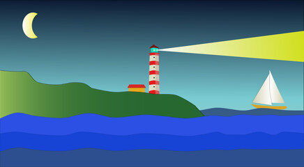 Fantasy illustration representing a lighthouse and a sailing boat, at night, suitable to be used as a desktop background.