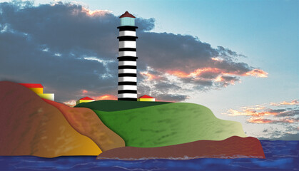 Illustration representing the lighthouse of the Abroglioos Islands, off the coast of Brazil, the lighthouse is a metal construction, arrived in pieces from Europe and assembled on site.