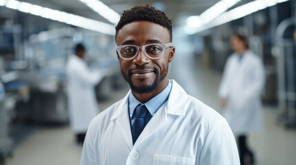 Black young man wearing lab coat working in workshop of pharmaceutical factory. - Powered by Adobe