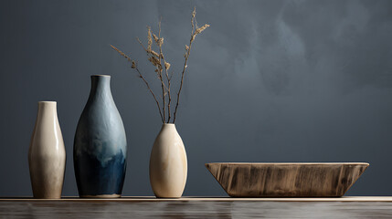 3 different pieces of wood and a vase, in the style of dark sky - blue and dark beige, light bronze...