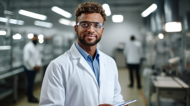 Black Young Man Wearing Lab Coat Working In Workshop Of Pharmaceutical Factory.