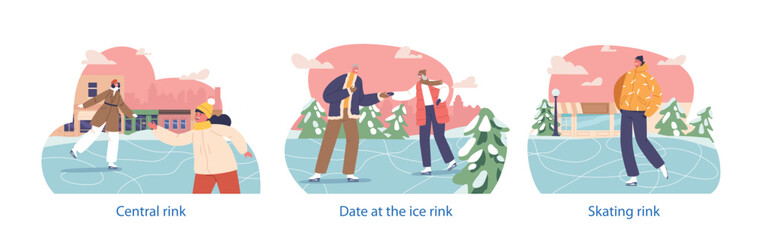 Isolated Elements With Characters Skate On Central City Ice Rink, Moving With Poise And Joy. They Twirl And Glide