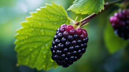  a close up of a berry on a branch with leaves.  generative ai