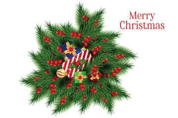 Realistic merry christmas day background with golden balls gift box and happy new year decorative celebration.