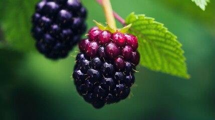  a close up of a berry on a branch with leaves.  generative ai