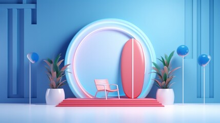 3d display product abstract modern scene with geometric podium platform. The swimming pool concept with chairs, surfboard and swimming buoy. Stage showcase