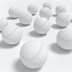 Set of softball or baseball ball lying in row on monochrome background.