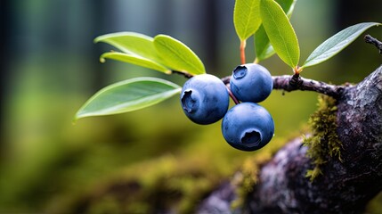  a branch with some blue berries hanging from it's leaves.  generative ai