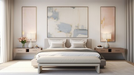 a bedroom adorned in neutral tones, with a pop of color courtesy of vibrant artwork. It's a serene space with a touch of artistic flair.