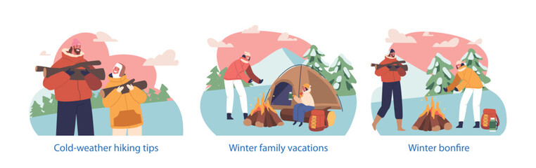 Isolated Elements with Family Characters on Vacation at Winter Camping with Cozy Campfire, Cartoon Vector Illustration