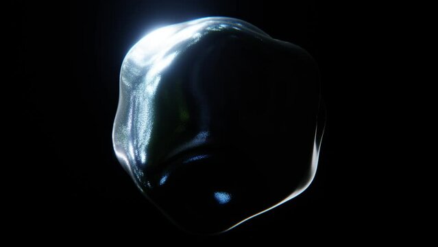 Abstract illuminated oil blob shape morphing and gradient mirrored black glitter sparkling texture glowing, seamless loop animation 4K resolution 3D 30 fps animation