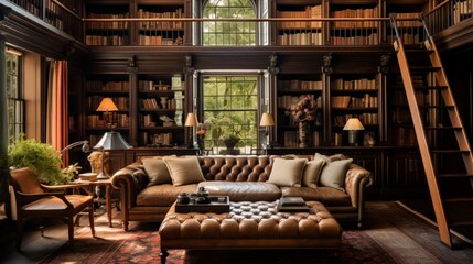 a homey library, complete with a rolling ladder for reaching those top-shelf classics and leather armchairs inviting you to sink in with a good book. - obrazy, fototapety, plakaty
