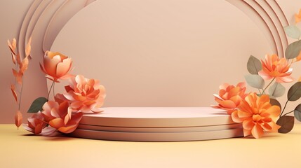 3d rendered geometric shapes, podium with flowers and leaves in paper art style. Platforms for product presentation, mock up background. Abstract composition in minimal design, pastel and gold colors