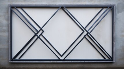 An empty metal frame on a wall with geometric patterns.