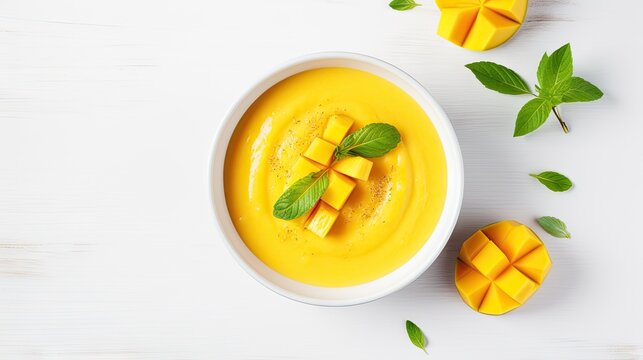  a bowl of mango soup with two pieces of mango on the side.  generative ai