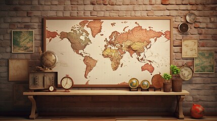 A blank frame on a wall adorned with vintage maps and travel memorabilia.